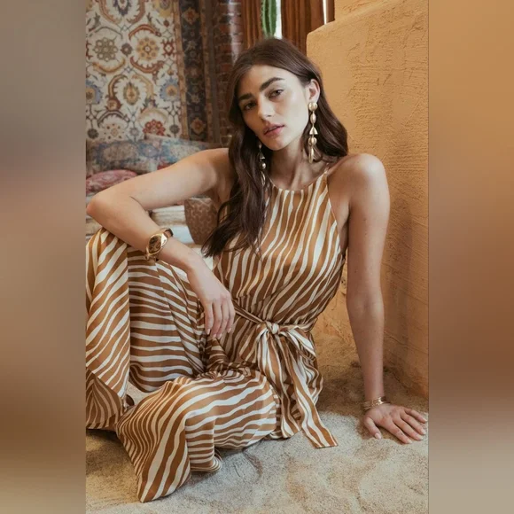 Blu Pepper Caramel Abstract Stripe Halter Neck Belted Jumpsuit - Picture 8 of 8